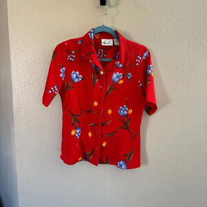 Kathie‎ Lee Red Floral Hawaiian Blouse  Size 6